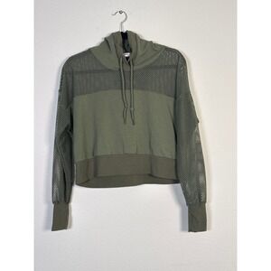 Cali Sport Womens Olive Green Mesh Panel Cropped Hoodie Thumbhole Cuffs Large